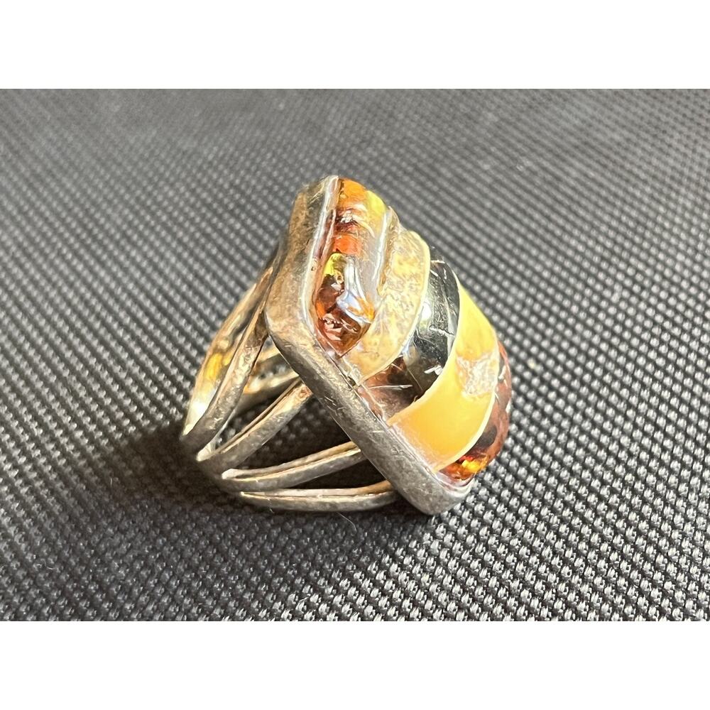 Vintage Artisan Sterling Silver Striped Honey Baltic Amber Split Shank Ring 7.5 - Picture 12 of 15